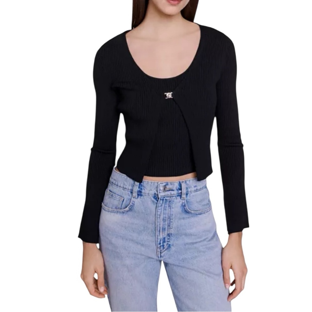 NWT Maje Mimose Black Ribbed Knit Cardigan FR 3 US L Clover Clasp Cropped